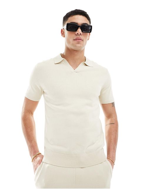 SELECTED White Co-ord Knitted Revere Polo for men
