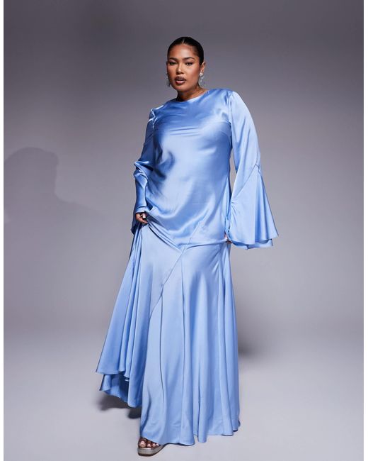 ASOS Blue Asos Design Curve Long Sleeve Satin Maxi Dress With Full Skirt And Godet
