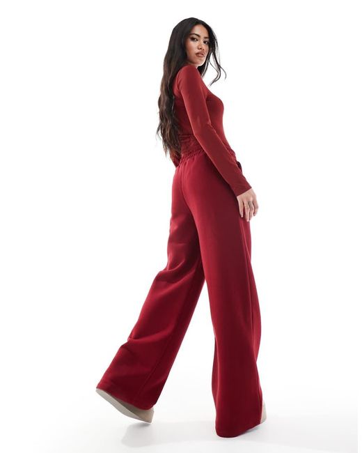 Miss Selfridge Red Heavy Fleece Lined Wide Leg jogger Sweat Co Ord