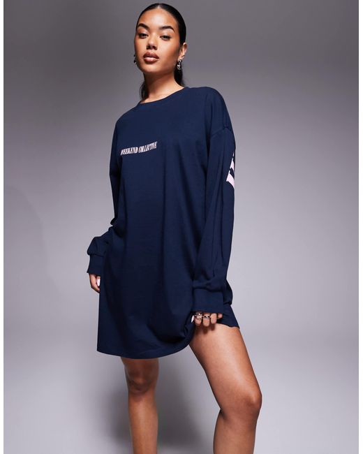 ASOS Blue Weekend Collective Icon Oversized Long Sleeve T-shirt Dress With Stacked Back Logo