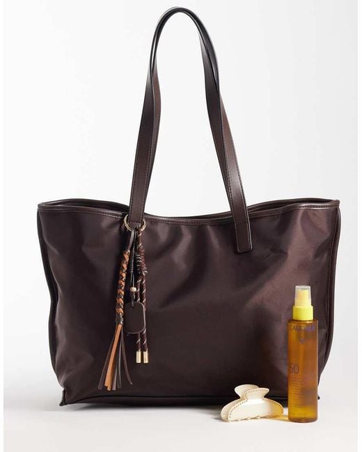 ASOS Brown Nylon Tote Bag With Detachable Charm