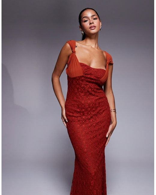 ASOS Red Cami Lace Maxi Dress With Overlayed Mesh Strap Detail