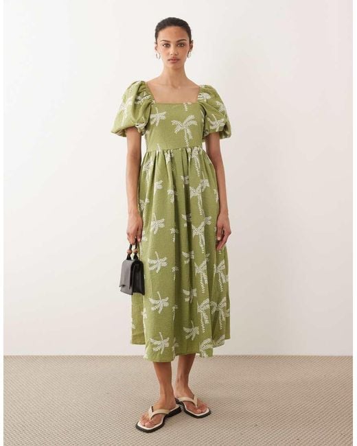 New Look Green Palm Print Puff Sleeve Seersucker Midi Dress