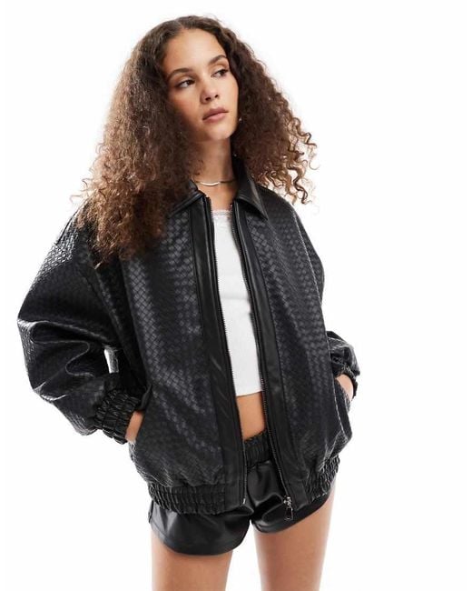 Lioness Black Woven Detail Leather Look Bomber Jacket
