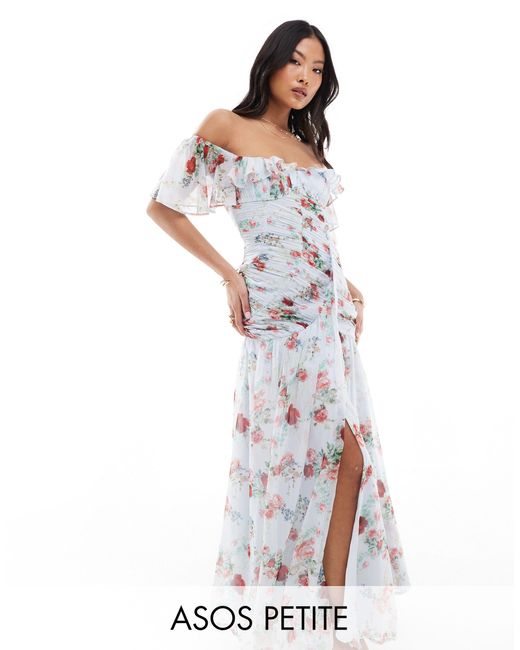 Asos design petite - robe froncée à volants et encolure bardot - bleu à imprimé fleurs ASOS en coloris White