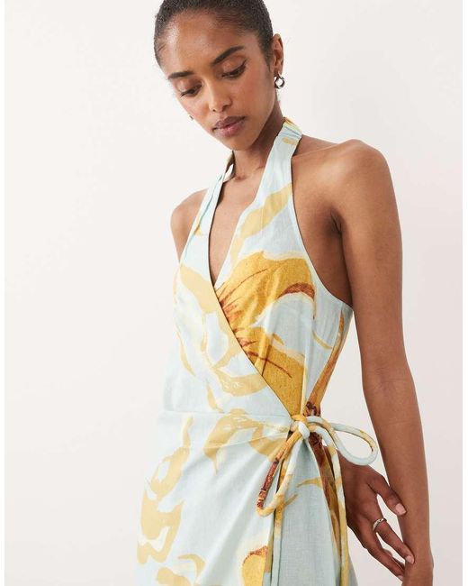 ASOS White Cotton Linen Halter Neck Wrap Maxi Sundress Blue & Yellow Floral