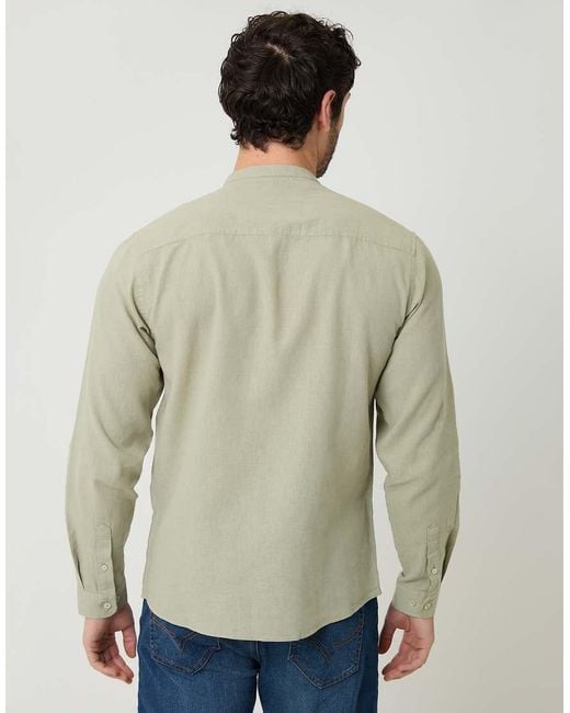 Threadbare Natural Linen Blend Long Sleeve Grandad Collar Shirt for men