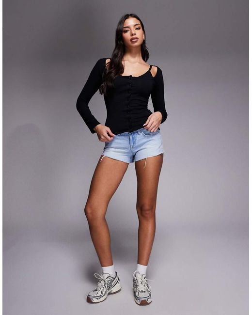 Fashionkilla Black Exclusive Cotton Rich Bra Insert Button Through Long Sleeve Top