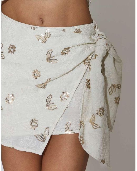 South Beach Gray Floral Sequin Embroidered Wrap Mini Skirt