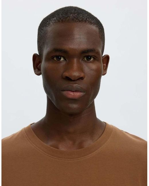 SELECTED Brown 100% Cotton Regular Fit T-Shirt for men