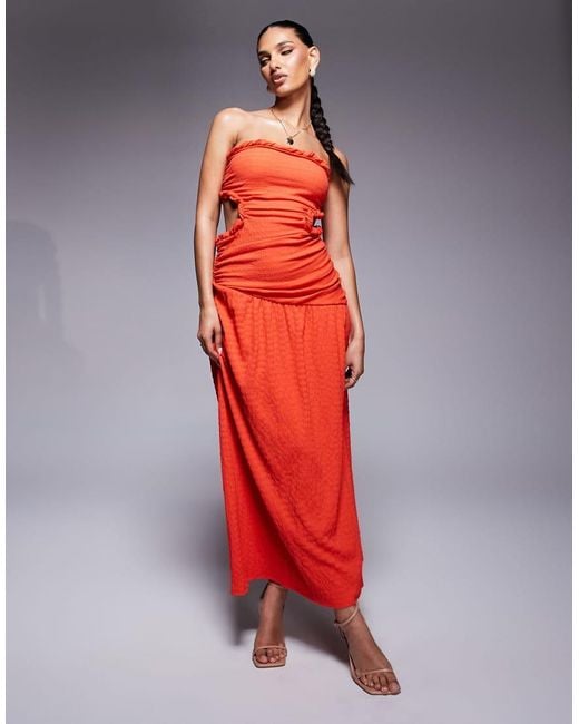 ASOS Red Bandeau With Cut Outs And Asymmetric Hem Textu Maxi Dress