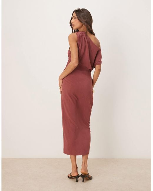 ASOS Red Linen Blend Fallen Twisted Shoulder Wrap Skirt Detail Midi Dress