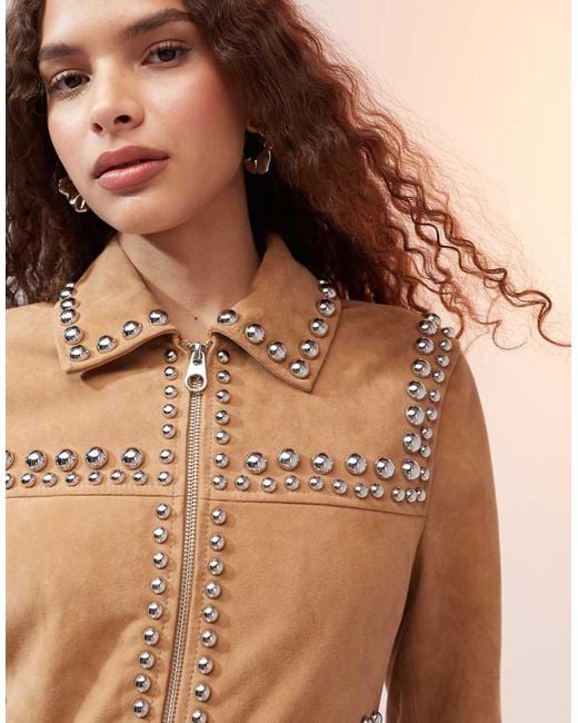 Mango Brown Western Studded Suede Jacket