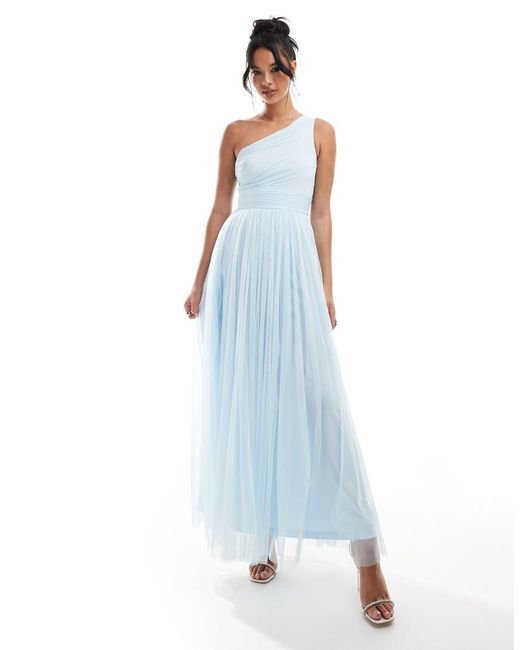 LACE & BEADS Blue Bridesmaid One Shoulder Tulle Maxi Dress