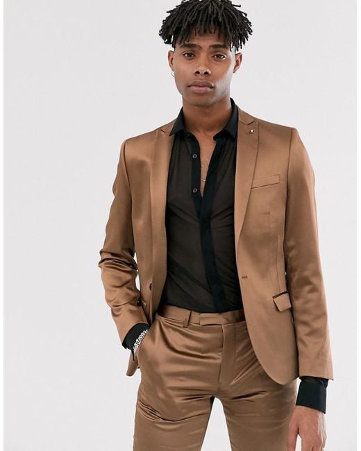Twisted Tailor Brown Super Skinny Sateen Suit Jacket In Bronze for men