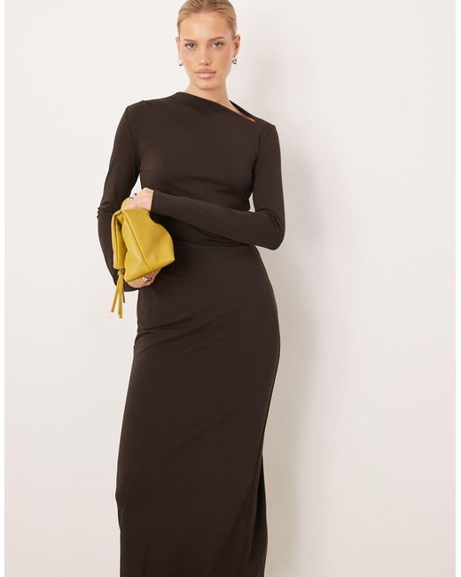 Mango Brown Slash Neck Long Sleeve Maxi Dress