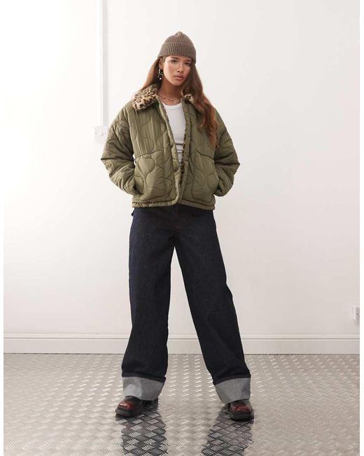 Noisy May Green Faux Fur Leopard Collar Detail Quilted Coat