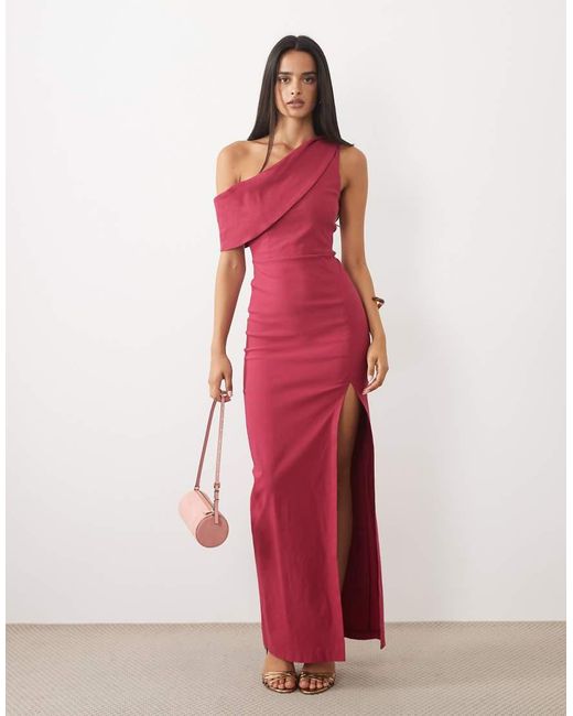 Vesper Red Bengaline Drape Off-shoulder Maxi Dress