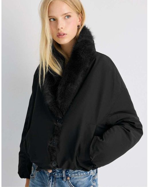 Stradivarius Blue Padded Shawl Neck Faux Fur Jacket