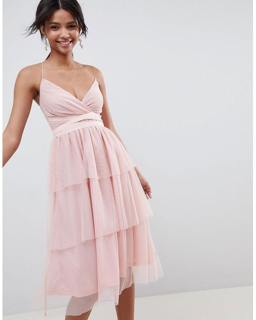 ASOS Tiered Tulle Midi Dress in Pink | Lyst Canada
