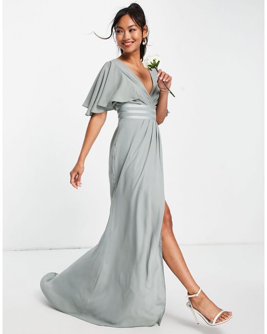 ASOS Green Bridesmaid Flutter Sleeve Maxi Dress With Satin Trim Detail And Wrap Skirt
