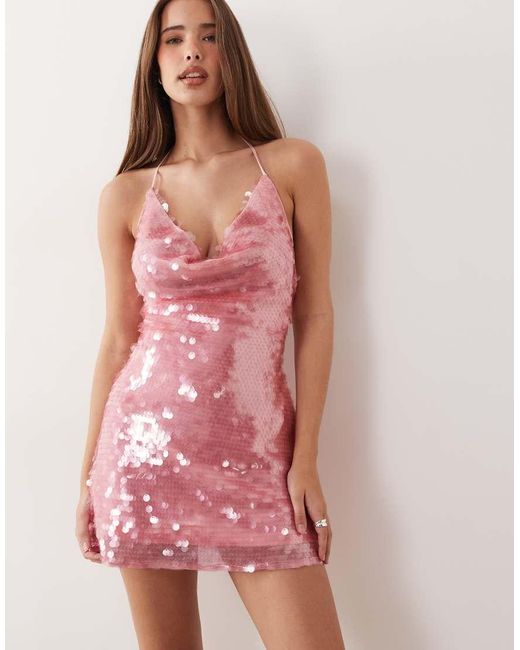 The Frolic Pink Exclusive Sequin Cowl Neck Lace-up Back Detail Mini Dress