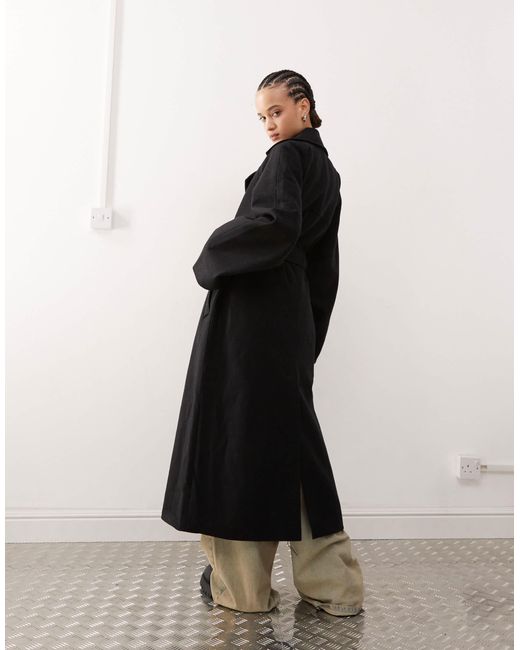 Weekday Black Lead Wool Blend Oversized Coat With Double Button And Tie Waist Detail