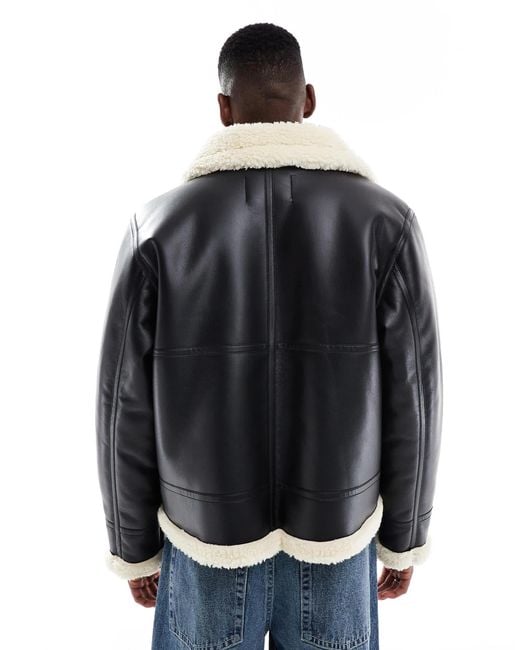 Jack & Jones Black Faux Leather Aviator Jacket for men