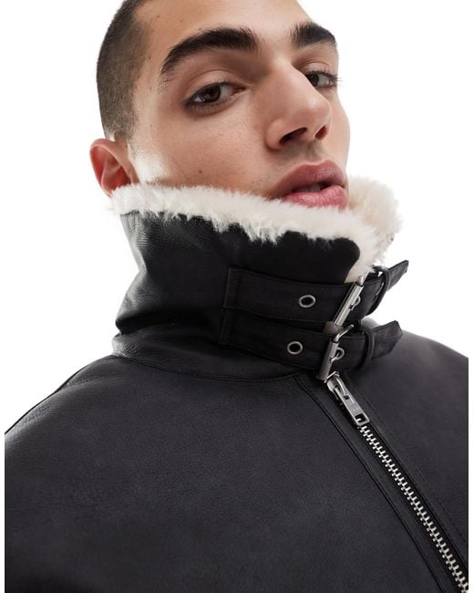 Bershka Black Faux Leather Aviator Jacket for men