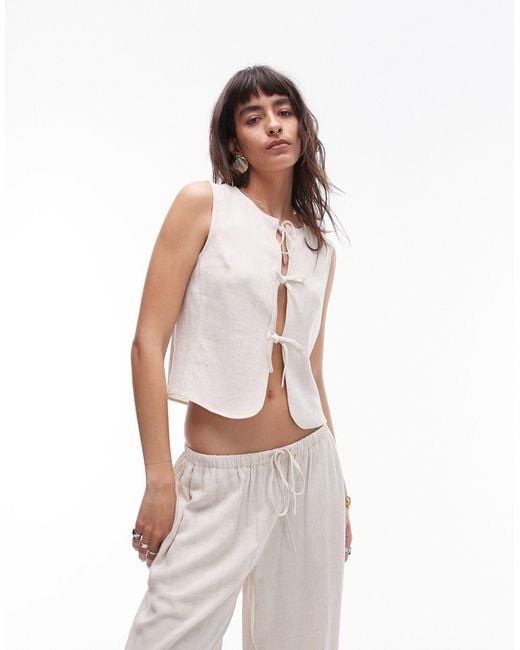 TOPSHOP White Co-ord Tie Front Linen Waistcoat