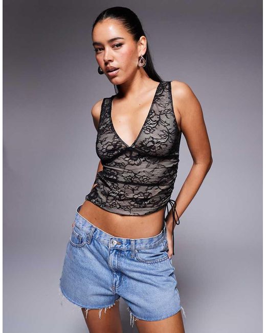 Princess Polly Blue Lace V Neck Side Ruching Detail Top