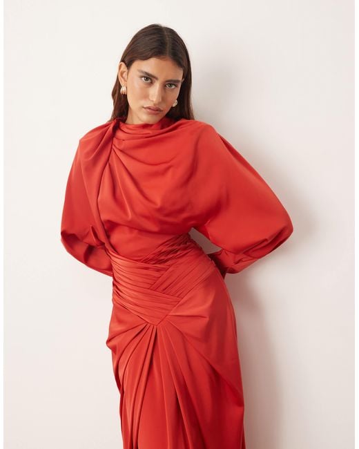 ARRANGE Red Drape Neck Strong Shoulder Maxi Dress With Open Back