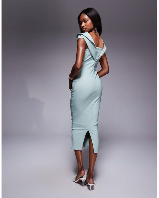 Vesper Blue Bengaline Bardot Drape Sleeve Detail Midaxi Dress