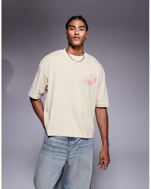T-shirt oversize coupe carrée à imprimé style sport - beige ASOS pour homme en coloris Gray