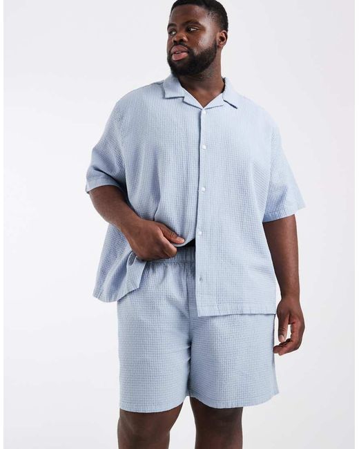 ASOS Blue Co-ord Waffle Textured Mid Length Shorts for men