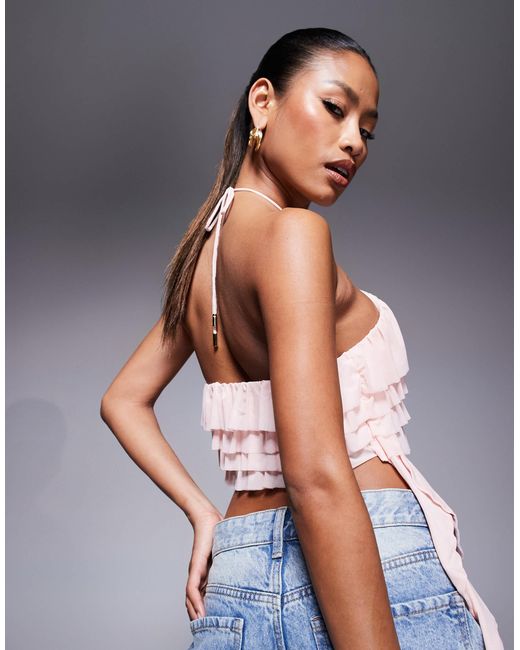 AFRM Blue Halter Neck Ruffle Top