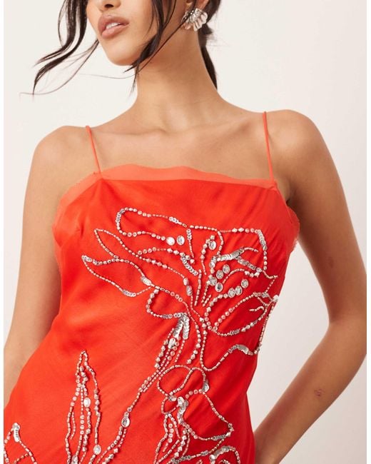 ARRANGE Red Floral Embellished Cami Maxi Dress With Low Back