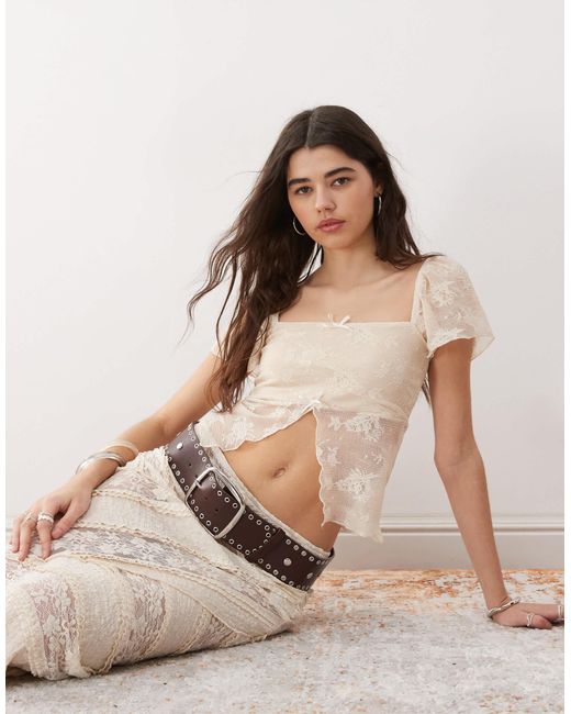 Reclaimed (vintage) Natural Split Front Lace Top With Bow Details
