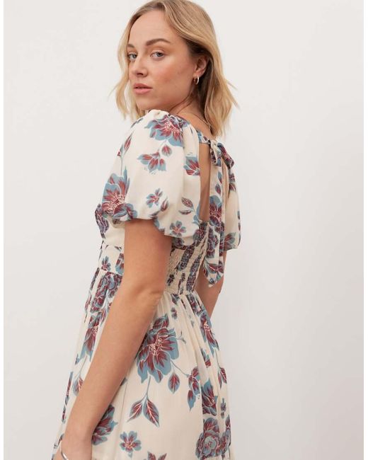 ANAYA Natural Floral Sweetheart Neck Puff Sleeve Midaxi Dress