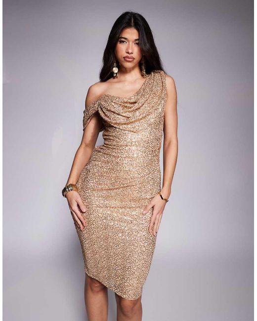 Goddiva Purple Sequin Cowl One Shoulder Midi Dress