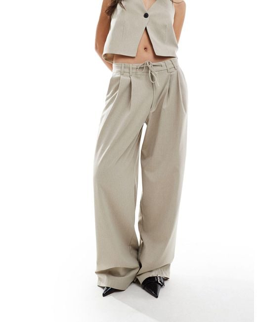 Pull&Bear White Tie Waist Detail Pinstripe Tailored Pants