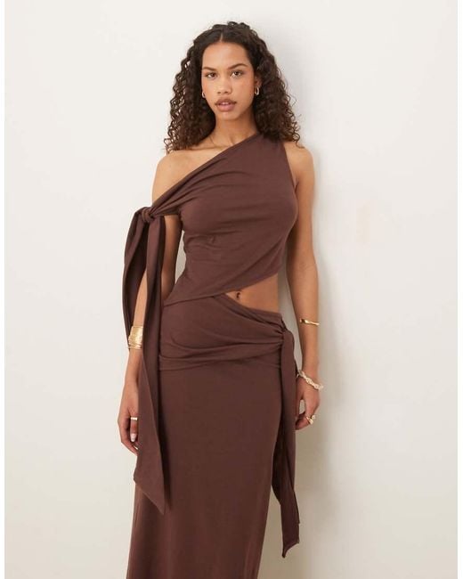 ASOS Brown Fallen Shoulder Midi Dress With Tie Detail