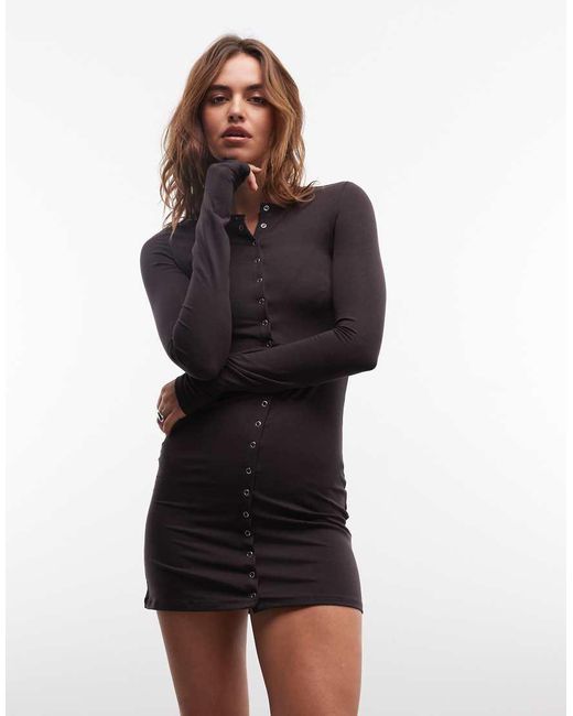 Weekday Brown Long Sleeve Mini Dress With Press Stud Detail