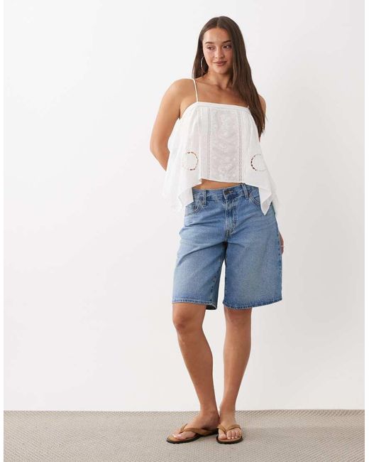Mango White Embroidered Flowy Sleeveless Top