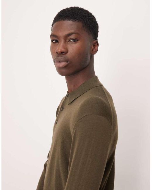 Mango Brown 100% Wool Button Up Long Sleeve Knitted Polo Top for men