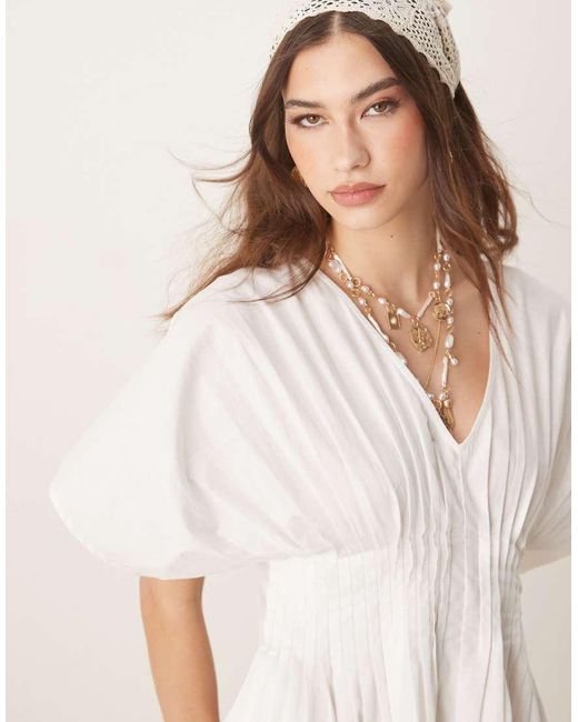 ASOS Natural V Neck Short Sleeve Mini Dress With Narrow Pintucks