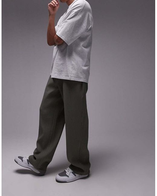 Topman Gray Wide Leg Plisse Trousers for men