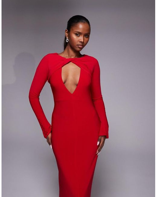 ASOS Red Slinky Twist Detail Plunge Neck Long Sleeve Maxi Dress