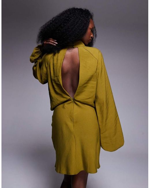 ASOS Green High Neck Plunge Mini Dress With Blouson Sleeves