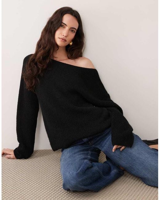 Miss Selfridge Black Slouchy Slash Neck Jumper